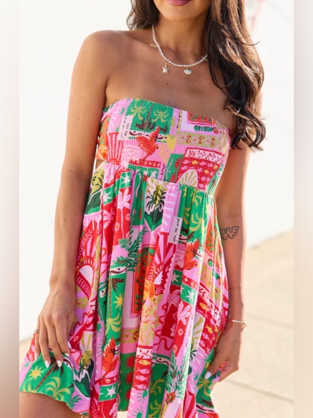 Pink Lily Calloway Multi Tropical Print Strapless Dress Swim Cover-Up
